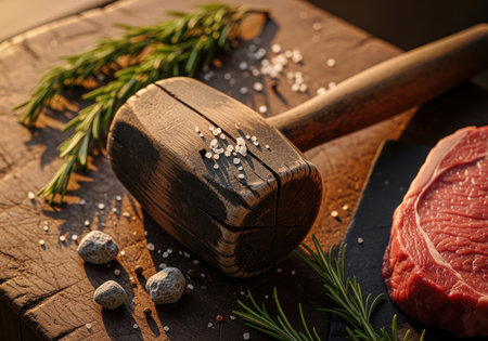 Rustic wooden meat pounder and raw beef steak with fresh rosemary sprigs and coarse sea salt on a textured wooden cutting board, ready for gourmet cooking.の素材
