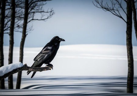 Black raven perches on a snow laden branch against a minimalist winter backdrop of bare trees and white snow. solitary bird in a cold, serene environment.の素材