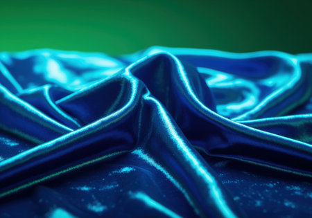 Iridescent peacock blue silk velvet fabric draped with flowing, liquid texture. shimmering material creates elegant folds and shadows under soft green light, perfect for luxury and abstract concepts.の素材