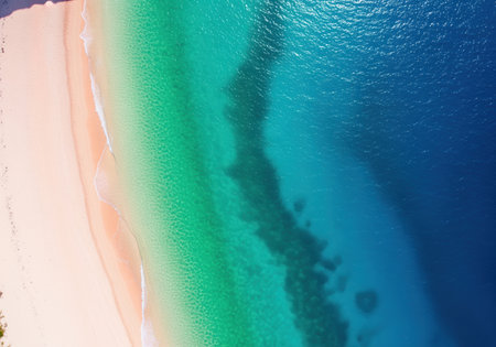 Pristine tropical beach from an aerial perspective, featuring a crescent shaped pale pink sand coastline meeting clear emerald green and deep blue ocean water with gentle waves.の素材