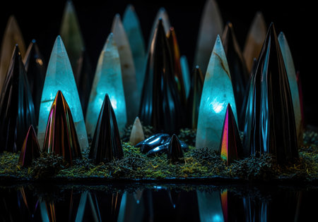 Fantastical glowing crystal forest diorama featuring iridescent obsidian spikes and luminous jade like formations on a mossy ground with reflections. mystical, magical, and ethereal scene.の素材
