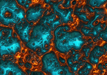 Abstract organic texture featuring vibrant teal and fiery orange colors with a molten, fluid appearance. intricate patterns and glowing elements create a dynamic, modern background.の素材