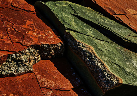 Rough cut red and green slate stones with visible gravel in the deep cracks, showcasing natural textures and contrasting colors. abstract close up of geological formation.の素材
