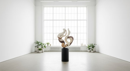 Abstract sculpture on a black pedestal in a spacious, minimalist art studio. features bright white walls, a light grey floor, and a large grid window with potted plants, creating a clean, modern aesthetic.の素材