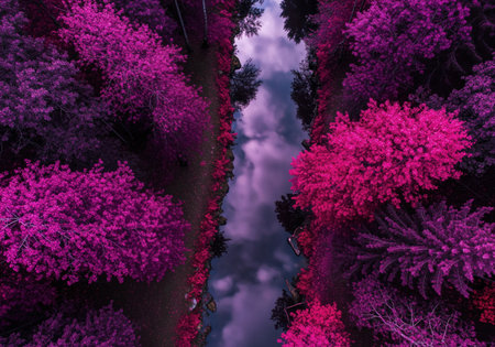 Aerial view of a vibrant forest featuring trees with bright pink and purple foliage, flanking a narrow river reflecting the cloudy sky.の素材