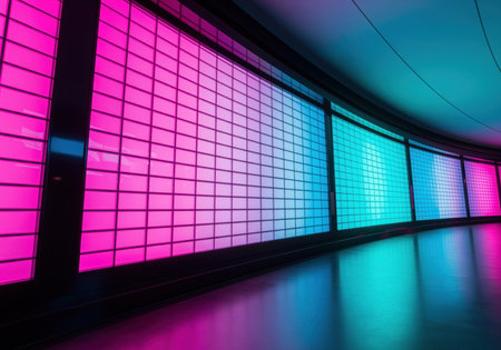 Curved wall of translucent glass bricks illuminated with a gradient of vibrant pink, blue, and turquoise neon lights, creating a futuristic atmosphere with reflections on the dark, polished floor.の素材