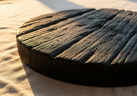 Round, rustic reclaimed wood cutting board with prominent texture and visible saw marks, casting a shadow on a light fabric, highlighted by warm, golden sunlight.の素材