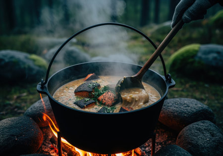 Hearty fisherman chowder with smoked salmon chunks simmering in a black cast iron pot over a crackling campfire outdoors. a hand stirs the creamy meal.の素材