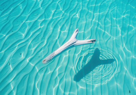 Bleached white driftwood piece floating on the surface of crystal clear turquoise ocean water. sunlight creates beautiful ripples and reflections on the sandy bottom.の素材