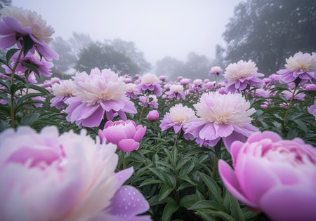 Field of delicate pale lavender and soft pink peonies blooming in a misty morning, adorned with sparkling dew drops on petals and lush green leaves.の素材
