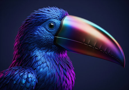 Close up of a vibrant stylized toucan with blue and purple feathers and a striking iridescent metallic beak. detailed texture and vivid colors.の素材