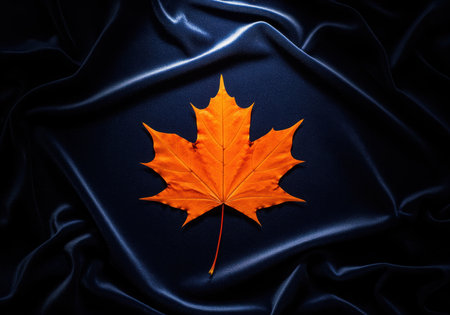 Vibrant orange maple leaf centered on luxurious dark navy blue satin fabric with elegant folds. represents autumn, nature, and seasonal change.の素材