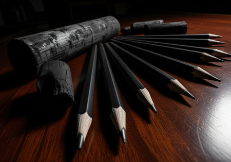 Oversized charcoal drawing sticks and black graphite pencils fanned out on a dark mahogany wooden surface, highlighting art supplies and creative tools.の素材