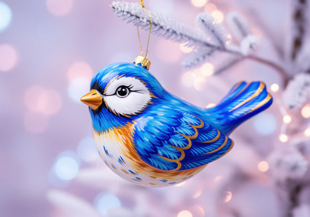Hand painted ceramic bluebird ornament with intricate blue, orange, and white details, hanging from a frosted christmas tree branch. festive bokeh lights create a magical holiday atmosphere.の素材
