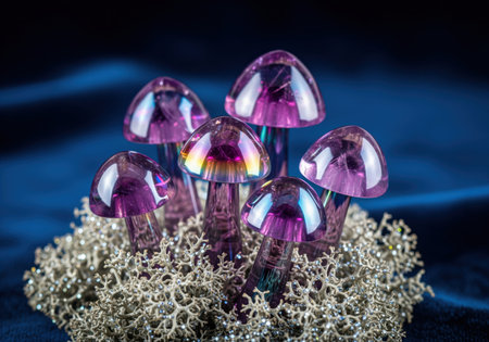 Vibrant purple crystal mushrooms with iridescent caps emerge from silvery lichen. stylized macro composition on a dark blue background, highlighting fantasy and magical themes.の素材