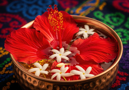 Vibrant red hibiscus and delicate white jasmine flowers float gracefully in a hammered copper bowl, creating a serene and traditional floral display.の素材