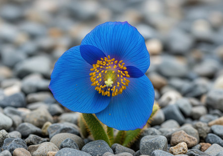 Single vibrant blue himalayan poppy flower with a bright yellow center, emerging from a textured bed of gray and brown gravel stones. macro detail of petals and stamen.の素材