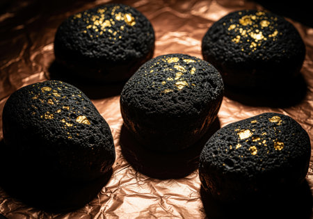 Five dark, porous rock like objects adorned with gold flecks, arranged on a crumpled copper colored surface. symbolizes luxury, wealth, and natural elegance.の素材