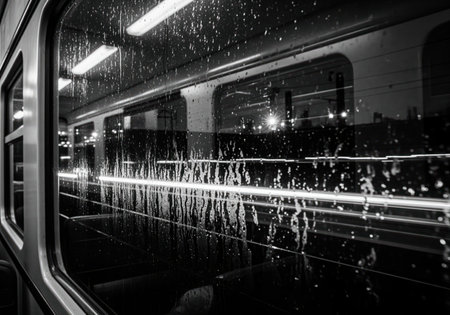 Monochrome scene from a train window, rain droplets distorting the view of passing city lights, conveying travel, journey, and urban night.の素材