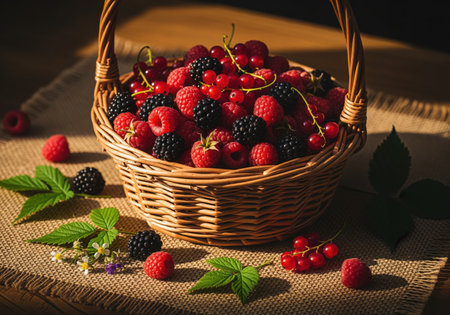 Wicker basket filled with ripe raspberries, blackberries, and red currants, surrounded by scattered berries and green leaves on a rustic burlap surface, bathed in warm sunlight. fresh, healthy, organic harvest.の素材