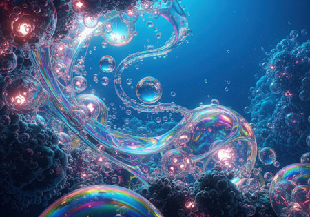 Abstract underwater scene featuring iridescent bubbles, glowing organic structures, and vibrant bioluminescence in a deep blue environment. intricate details and shimmering colors create a fantastical deep sea world.の素材