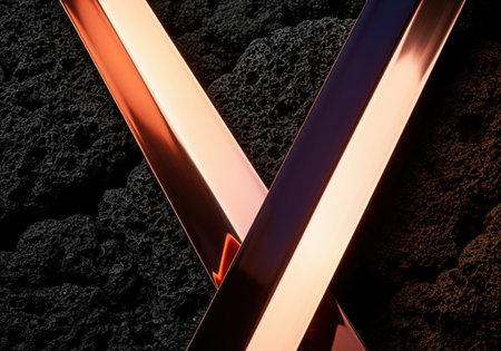 Two polished copper bars intersect, forming an x shape against a rugged, dark textured background. the metallic surfaces reflect light, creating a modern, abstract composition.の素材