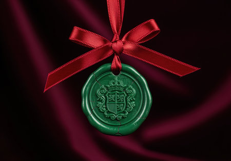 Ornate green wax seal featuring a detailed crest design, suspended by a vibrant red silk ribbon bow. symbolizes authenticity, quality, and tradition for luxury concepts.の素材
