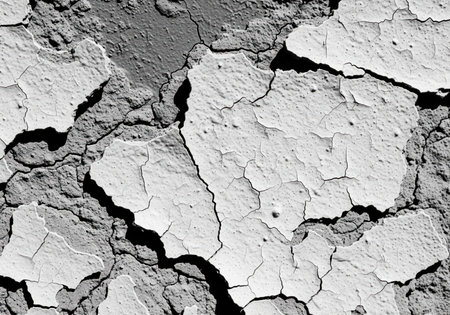 Close up of heavily cracked and peeling white paint on a rough, grey surface, revealing texture and age. concept of decay, damage, and old wall.の素材