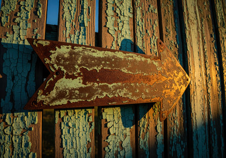 Weathered rusty metal arrow sign pointing right, fixed to a decaying wooden fence with peeling turquoise paint. features aged texture, grunge details, and dramatic lighting.の素材