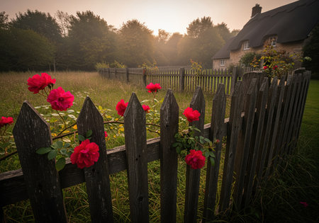 Weathered wooden picket fence adorned with climbing red roses in a serene cottage garden. a traditional thatched house and misty trees are visible in the soft morning light.の素材