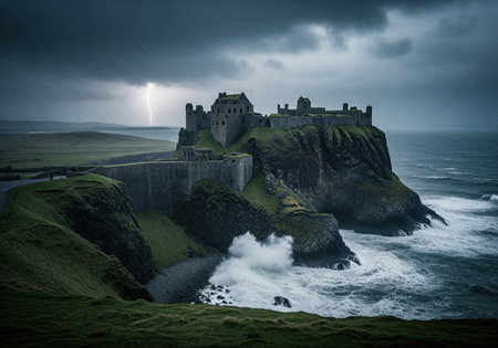 Ancient stone fortress on a rugged cliff overlooking a stormy sea with crashing waves. dark clouds and a dramatic lightning strike illuminate the powerful coastal landscape.の素材