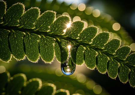 Macro view of a fresh green fern leaf with a sparkling dewdrop hanging underneath. sunlight shines through the leaf veins, creating a beautiful natural glow and bokeh effect.の素材