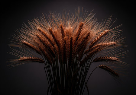 Dense cluster of dark, reddish brown rye grain stalks, dramatically lit in a low key setting. represents agriculture, harvest, and natural texture.の素材