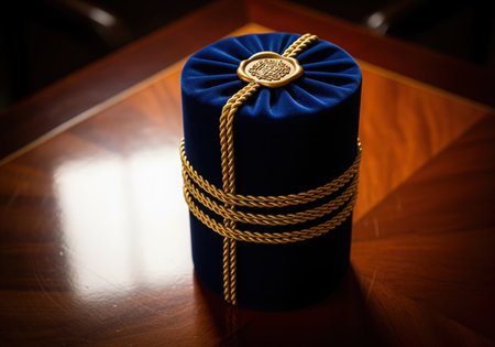 Blue velvet gift box with golden braided rope and a decorative emblem seal. placed on a polished dark wooden table, reflecting light. represents luxury, elegance, and special occasions.の素材