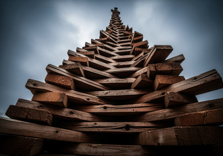 Rough, dark wooden planks stacked in a towering, precarious upward spiral against a dramatic, cloudy sky. symbolizes instability, growth, and challenge.の素材