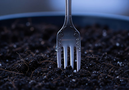 Ornate antique silver fork standing upright, partially embedded in rich, dark potting soil. low angle view with dramatic lighting.の素材