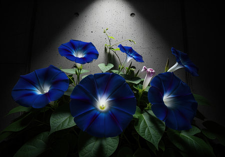 Deep indigo morning glories with trumpet shaped blooms unfurling, highlighted by a dramatic spotlight against a dark, textured concrete wall. nature beauty, growth, and contrast.の素材