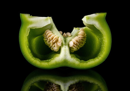 Green bell pepper cut in half, showcasing its vibrant emerald interior, numerous seeds, and thick, juicy walls. a fresh and healthy vegetable ingredient.の素材