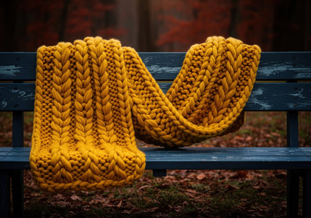 Mustard yellow chunky knit wool scarf with a braided pattern draped on a weathered blue wooden bench. autumn leaves and a blurred forest background create a cozy, warm atmosphere.の素材
