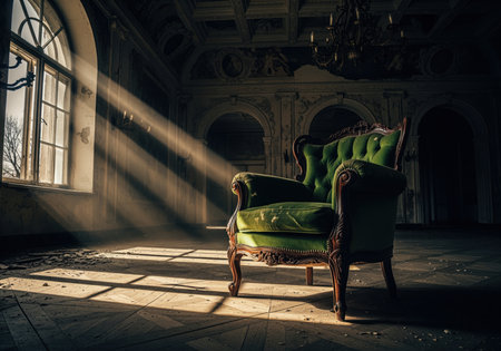 Distressed emerald green velvet armchair in an abandoned, dimly lit grand hall. dramatic sun rays stream through a large arched window, highlighting dust and decay on the floor.の素材