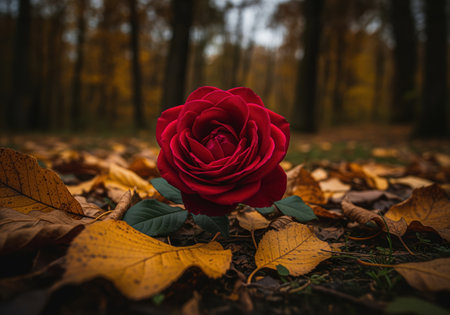 Deep crimson rose with velvety petals stands out against a carpet of golden and brown autumn leaves on the forest ground, evoking fall beauty and romance.の素材