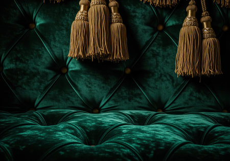 Emerald green crushed velvet upholstery with deep tufting and golden decorative tassels. rich texture and luxurious feel, creating a dramatic and elegant backdrop.の素材