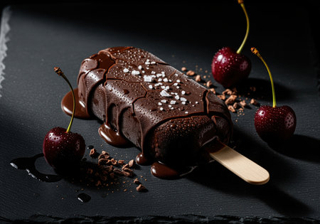 Decadent dark chocolate ice cream bar, melting with rich chocolate sauce, topped with sea salt flakes and accompanied by fresh, dew kissed cherries on a dark slate surface.の素材