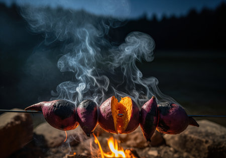Charred purple sweet potatoes skewered and cooking over a glowing campfire, emitting smoke in a dramatic low light outdoor setting. one potato is cut open, revealing its orange interior.の素材