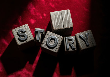 Weathered wooden blocks with metallic letters spelling STORY, arranged on a rich red velvet surface under dramatic lighting. concept of narrative, history, and communication.の素材
