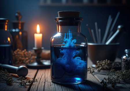 Vintage apothecary jar with a cork stopper, holding a mysterious dark blue liquid with a swirling light blue substance. rustic wooden table, lit candle, dried herbs, and alchemical tools create a dramatic, dark atmosphere.の素材