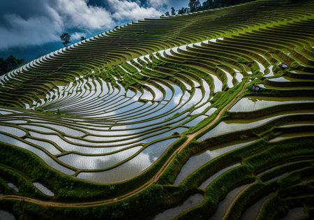 Intricate patterns of terraced rice paddies filled with water, reflecting the sky and clouds. lush green agricultural landscape on a steep hillside, showcasing traditional farming methods and natural beauty.の素材