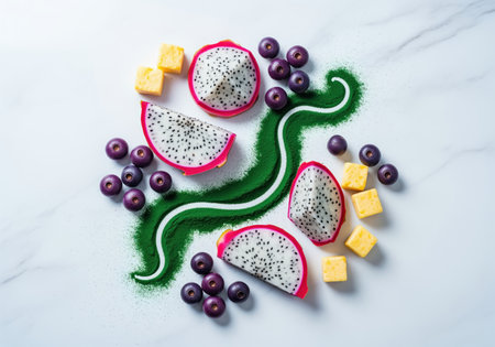 Dragon fruit slices, dark berries, yellow mango cubes, and green spirulina powder arranged on a white marble surface, symbolizing healthy eating, nutrition, and wellness.の素材