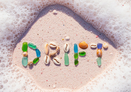 The word DRIFT spelled out with colorful sea glass, seashells, and pebbles on light pink sand, framed by white seafoam from a receding wave on a sunny beach.の素材