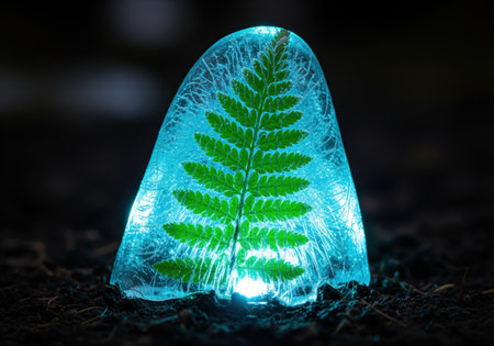 Vibrant green fern frond frozen inside a glowing blue ice formation, resting on dark earth. concept of nature preservation, cold environment, and fragile ecosystems.の素材